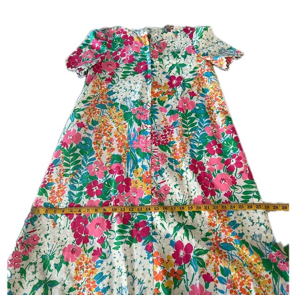 Vintage 60s Chiha Floral Midi Dress Short Sleeve Scallop Trim Pink Green Size S - Picture 4 of 9